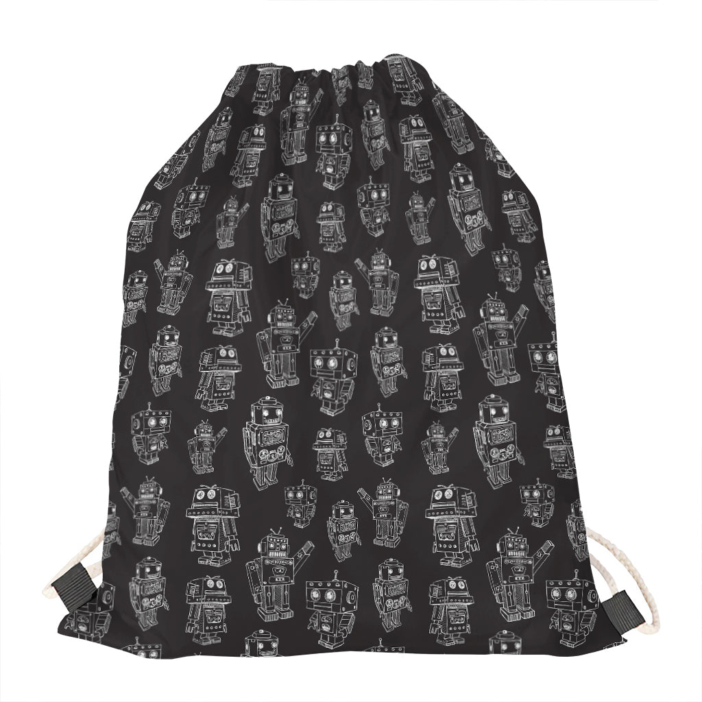 Black And White Robot Pattern Print Drawstring Bag