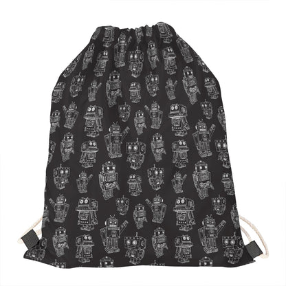 Black And White Robot Pattern Print Drawstring Bag