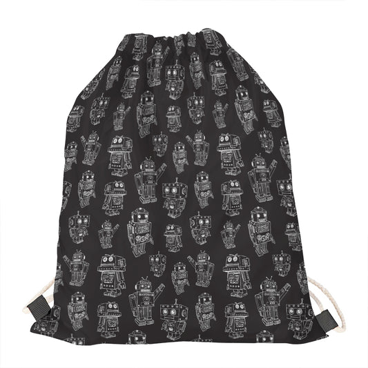 Black And White Robot Pattern Print Drawstring Bag