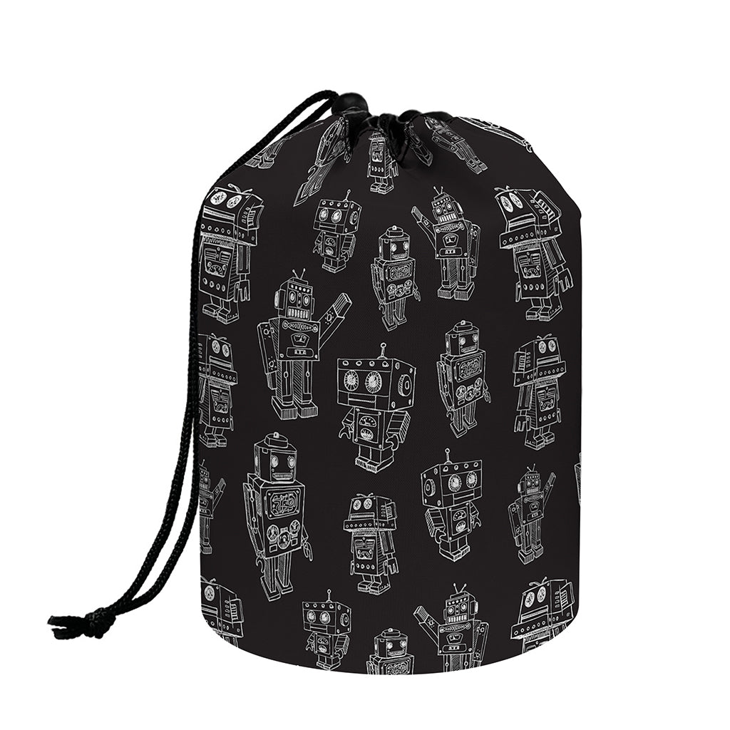 Black And White Robot Pattern Print Drawstring Makeup Bag