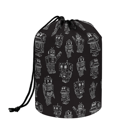 Black And White Robot Pattern Print Drawstring Makeup Bag
