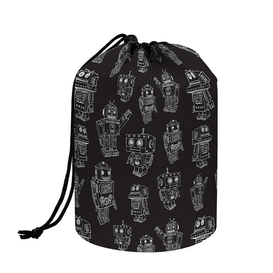 Black And White Robot Pattern Print Drawstring Makeup Bag