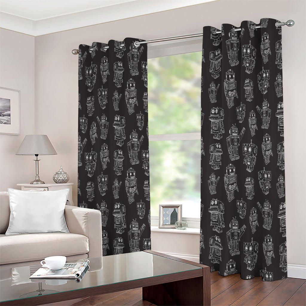Black And White Robot Pattern Print Extra Wide Grommet Curtains