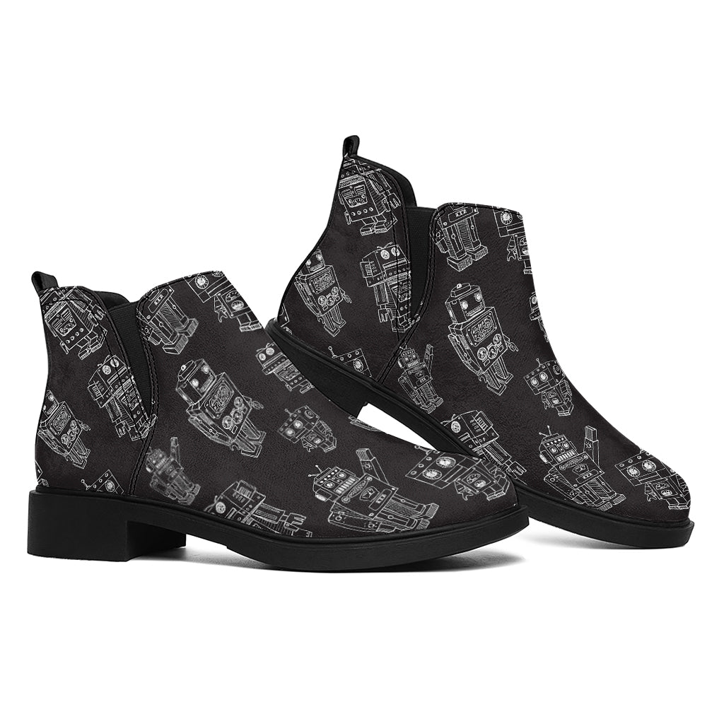 Black And White Robot Pattern Print Flat Ankle Boots
