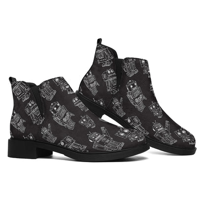 Black And White Robot Pattern Print Flat Ankle Boots