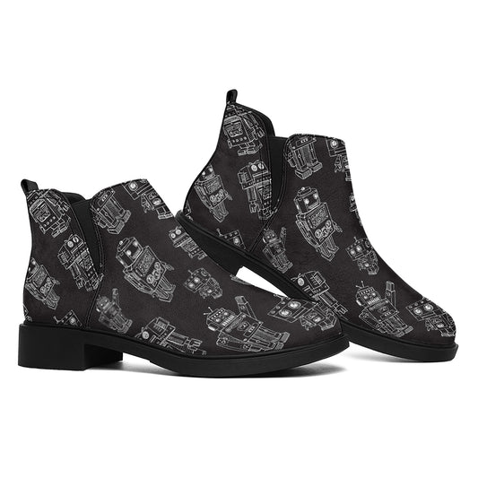 Black And White Robot Pattern Print Flat Ankle Boots