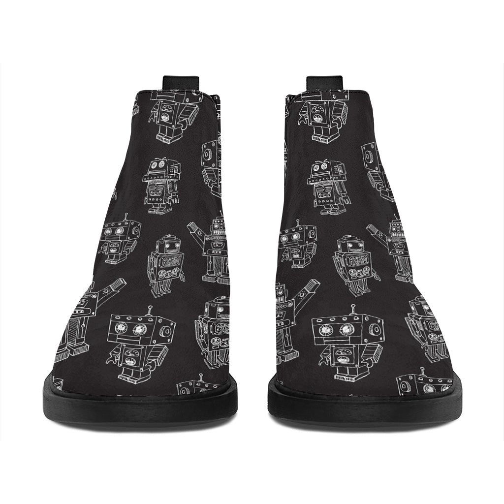 Black And White Robot Pattern Print Flat Ankle Boots
