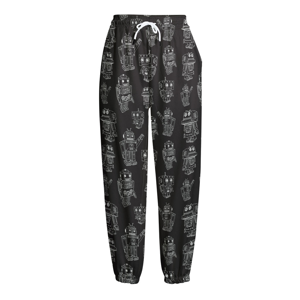 Black And White Robot Pattern Print Fleece Lined Knit Pants
