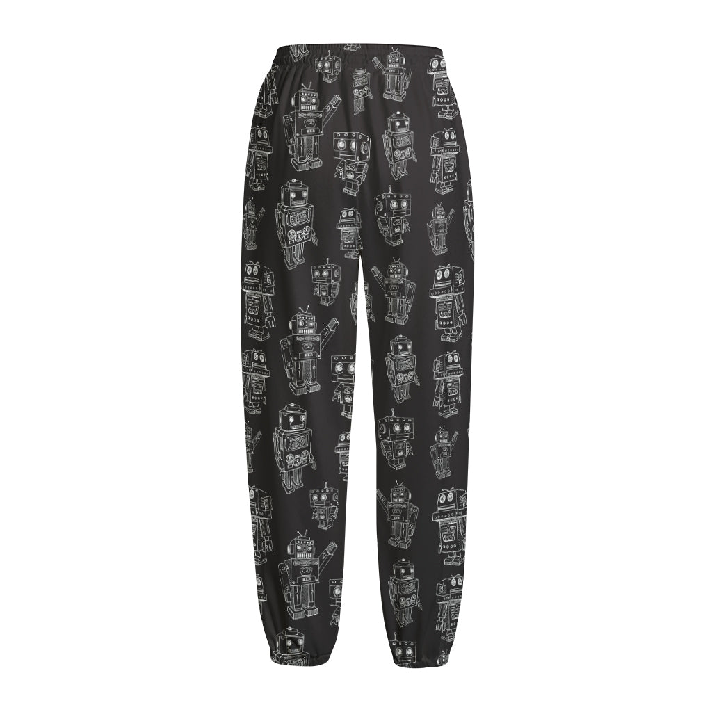 Black And White Robot Pattern Print Fleece Lined Knit Pants