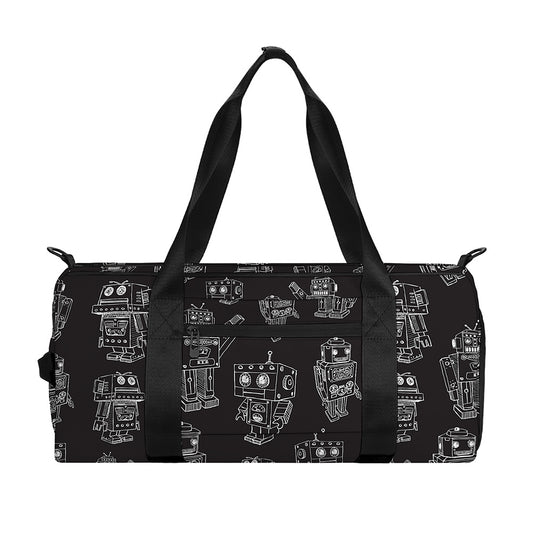 Black And White Robot Pattern Print Gym Bag