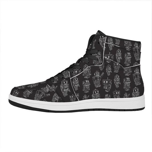 Black And White Robot Pattern Print High Top Leather Sneakers