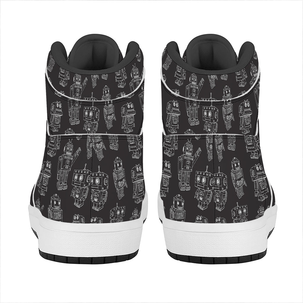 Black And White Robot Pattern Print High Top Leather Sneakers