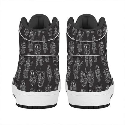 Black And White Robot Pattern Print High Top Leather Sneakers