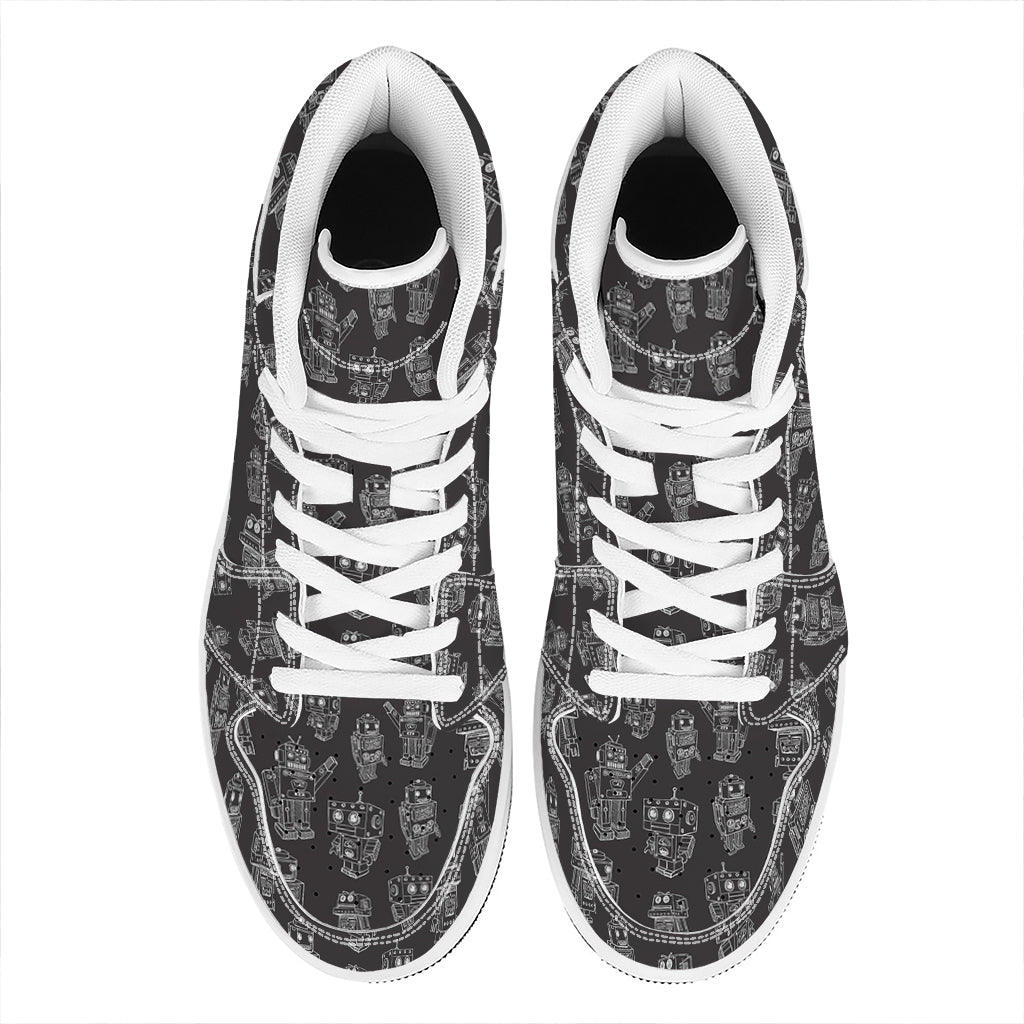 Black And White Robot Pattern Print High Top Leather Sneakers
