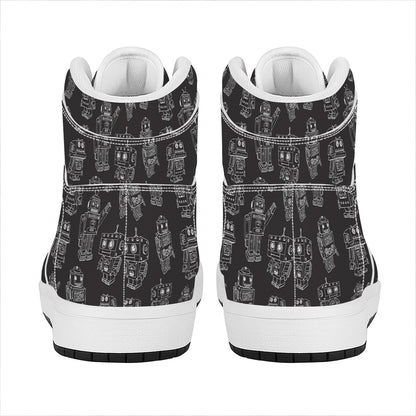 Black And White Robot Pattern Print High Top Leather Sneakers