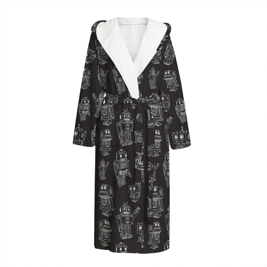 Black And White Robot Pattern Print Hooded Bathrobe