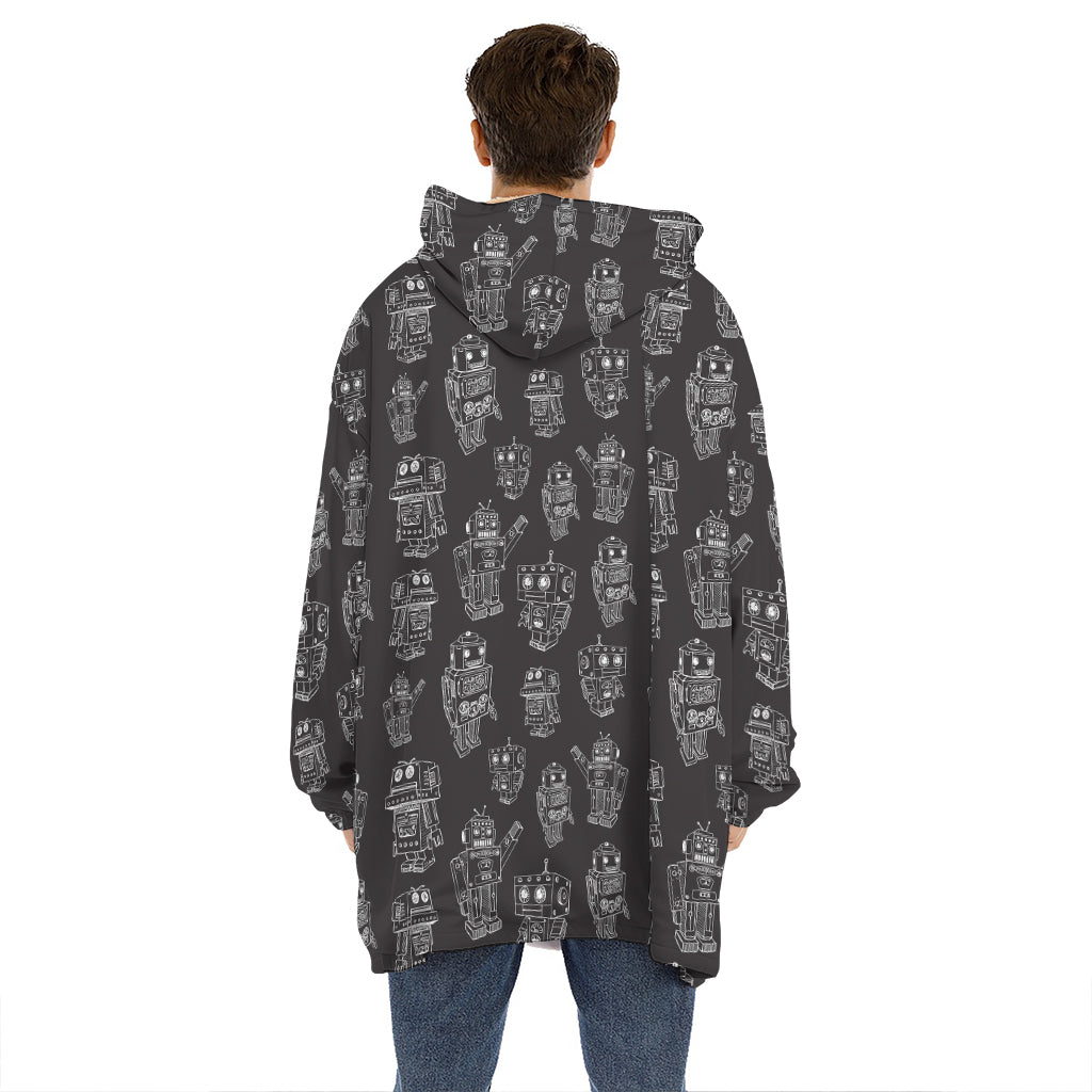 Black And White Robot Pattern Print Hoodie Blanket