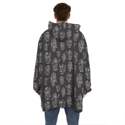 Black And White Robot Pattern Print Hoodie Blanket