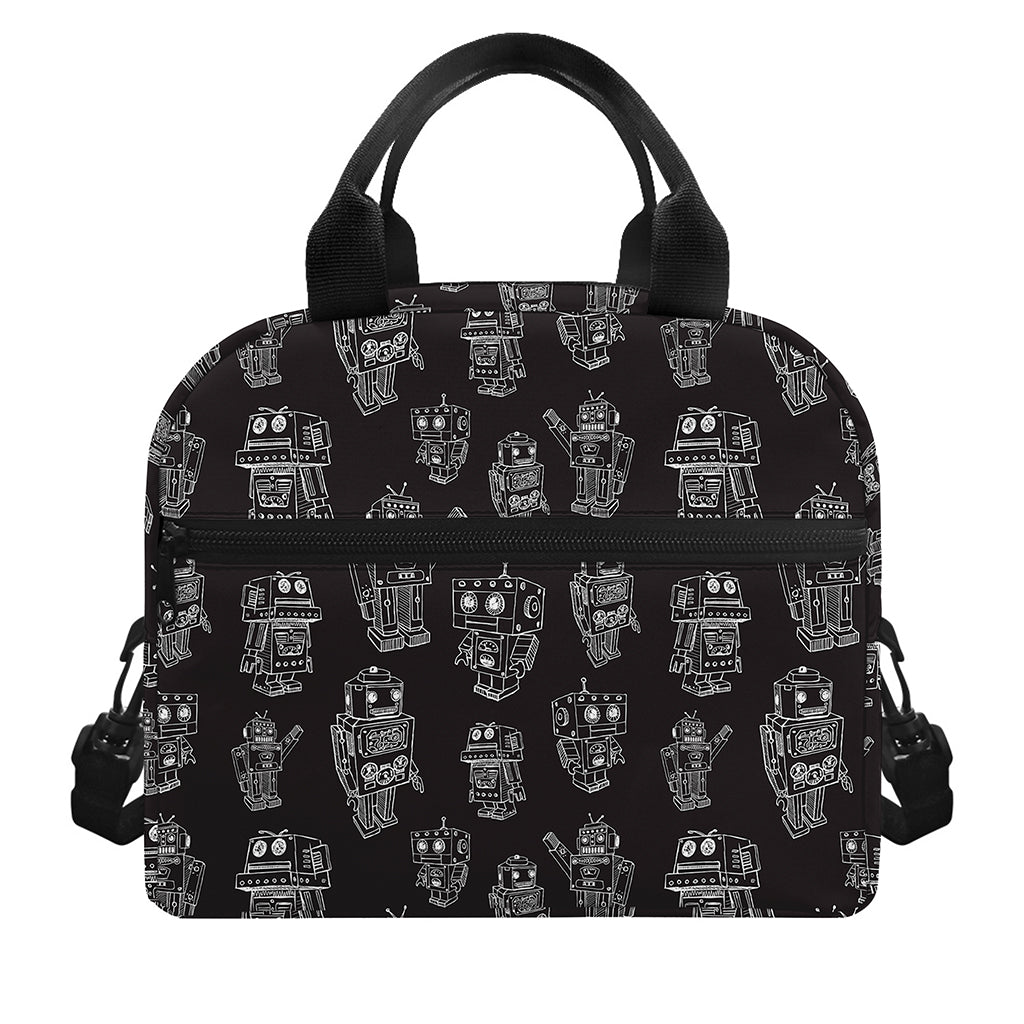 Black And White Robot Pattern Print Insulated Lunch Bag