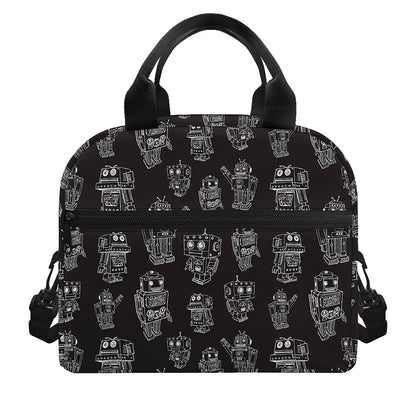 Black And White Robot Pattern Print Insulated Lunch Bag