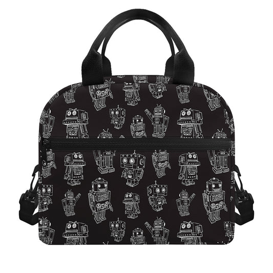 Black And White Robot Pattern Print Insulated Lunch Bag