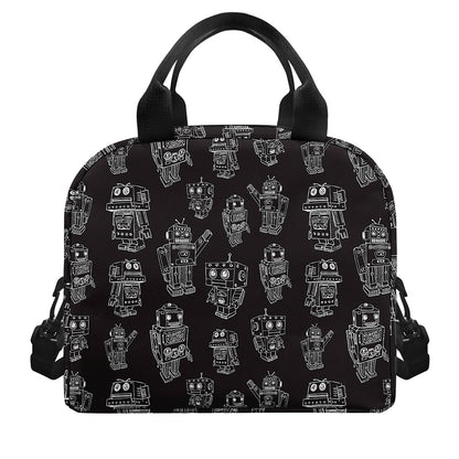Black And White Robot Pattern Print Insulated Lunch Bag