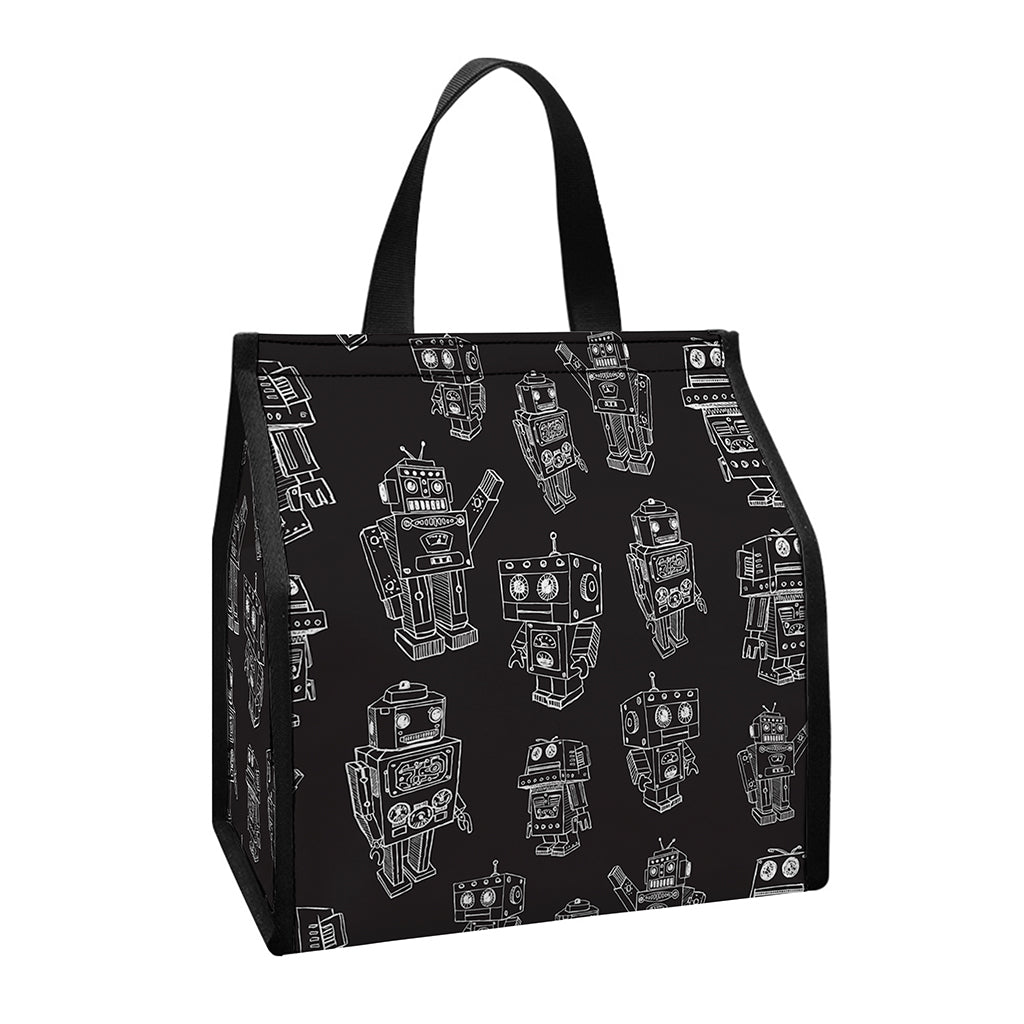 Black And White Robot Pattern Print Insulated Lunch Tote