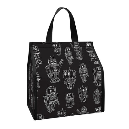 Black And White Robot Pattern Print Insulated Lunch Tote