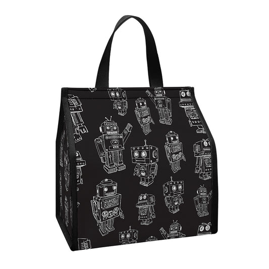 Black And White Robot Pattern Print Insulated Lunch Tote