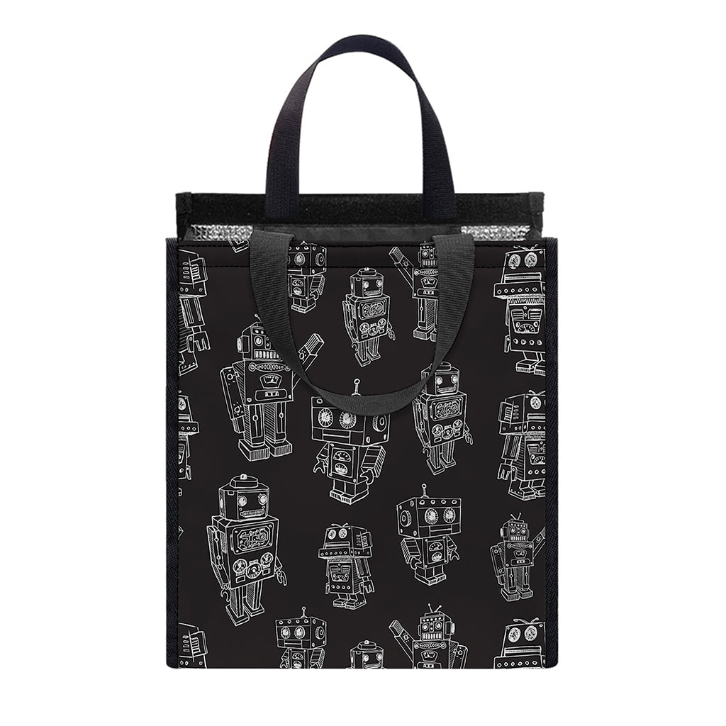 Black And White Robot Pattern Print Insulated Lunch Tote