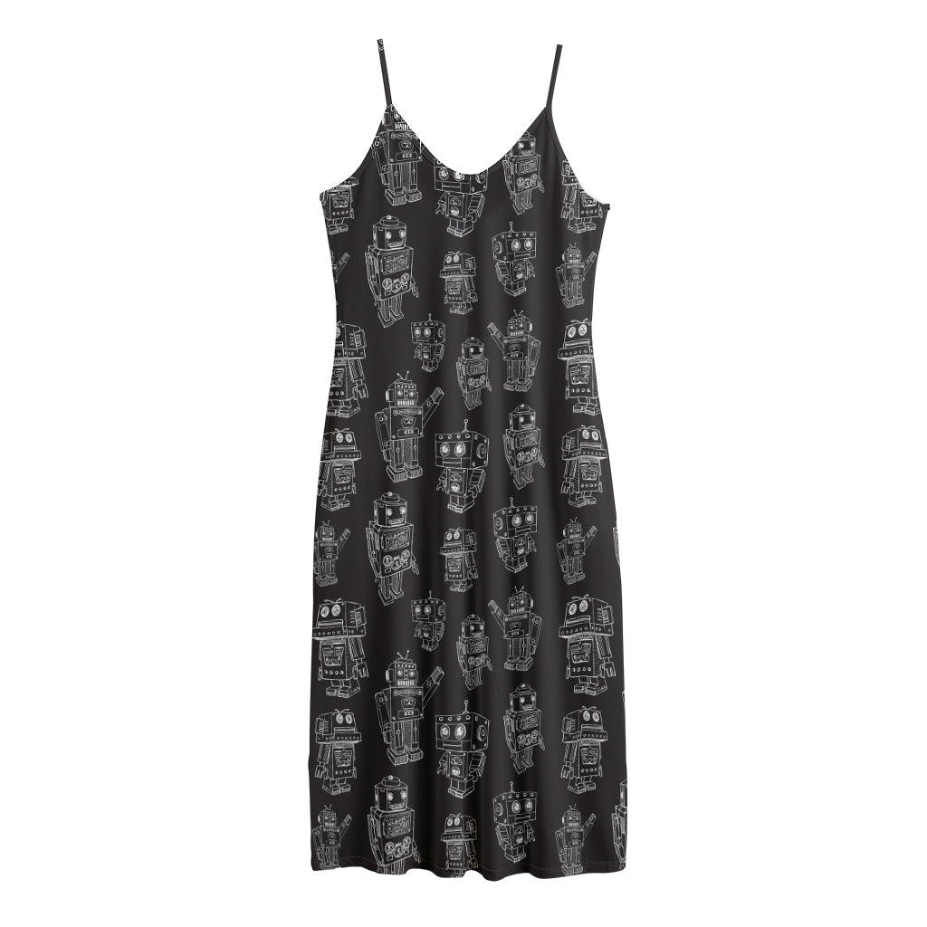 Black And White Robot Pattern Print Jersey Midi Cami Dress