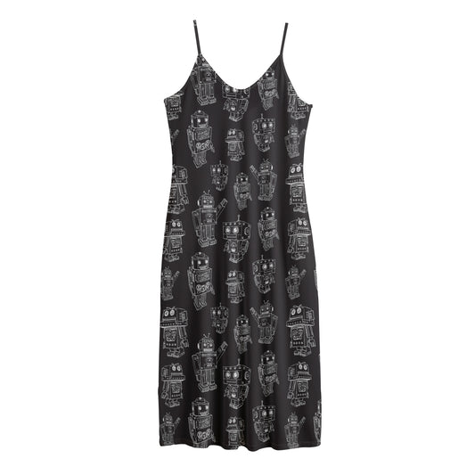 Black And White Robot Pattern Print Jersey Midi Cami Dress