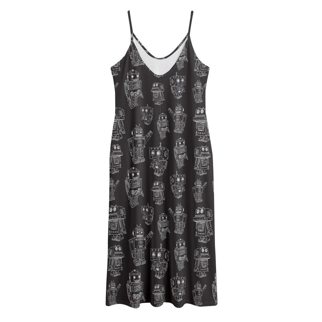 Black And White Robot Pattern Print Jersey Midi Cami Dress