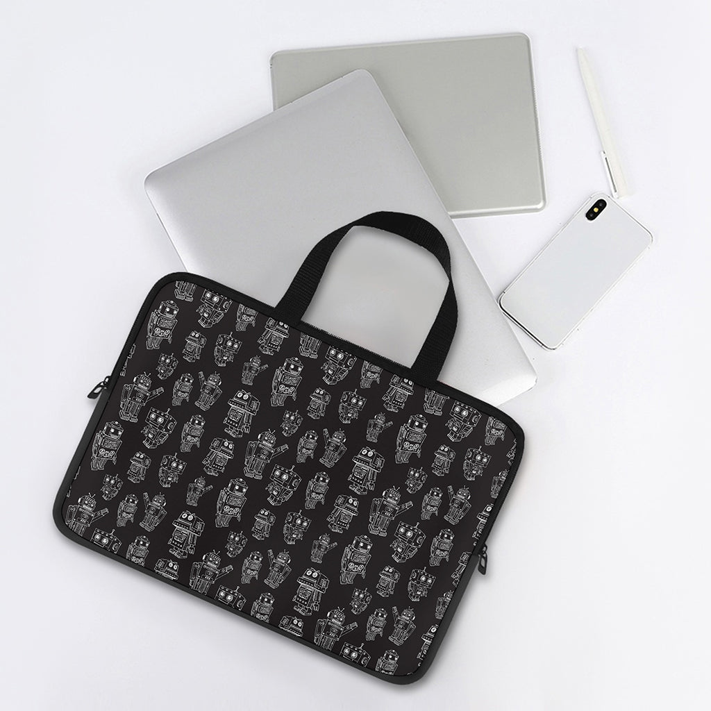 Black And White Robot Pattern Print Laptop Sleeve With Handle