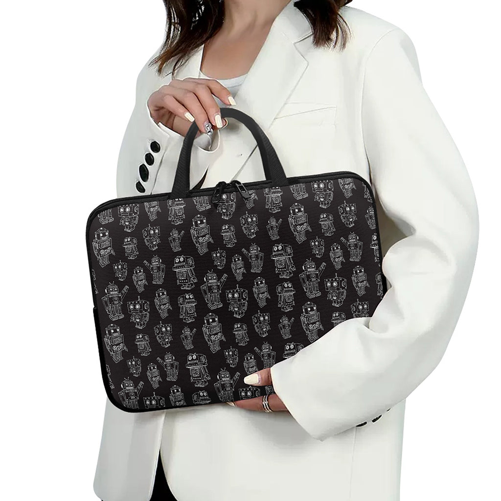 Black And White Robot Pattern Print Laptop Sleeve With Handle