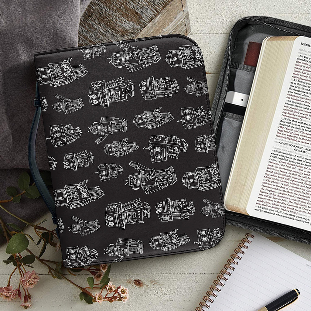 Black And White Robot Pattern Print Leather Bible Cover