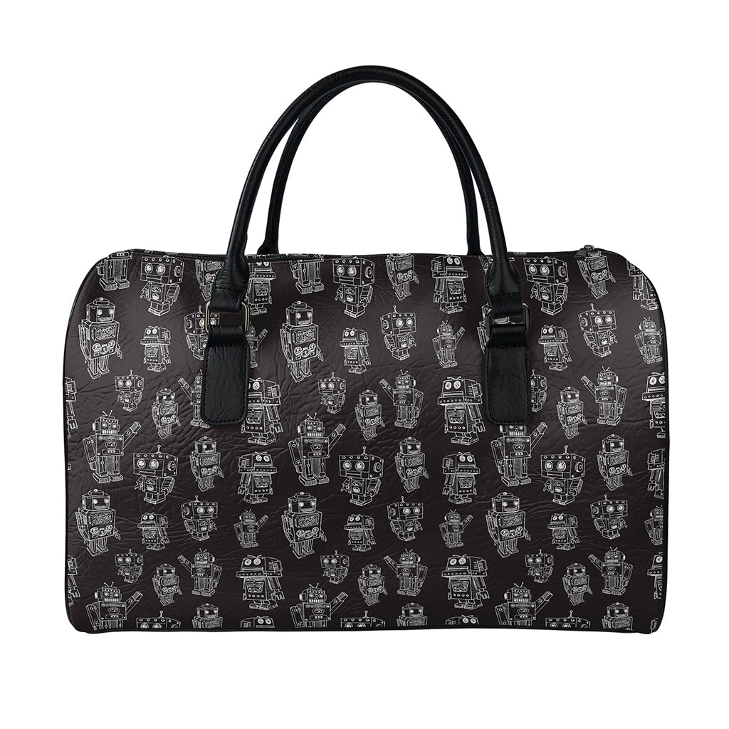 Black And White Robot Pattern Print Leather Duffle Bag