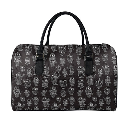 Black And White Robot Pattern Print Leather Duffle Bag