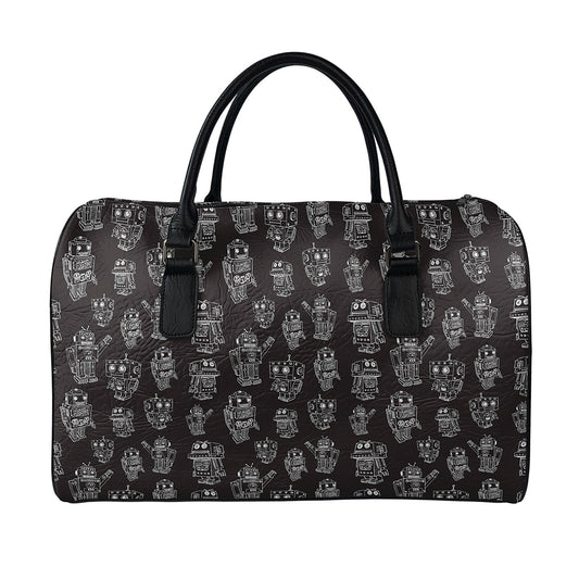 Black And White Robot Pattern Print Leather Duffle Bag