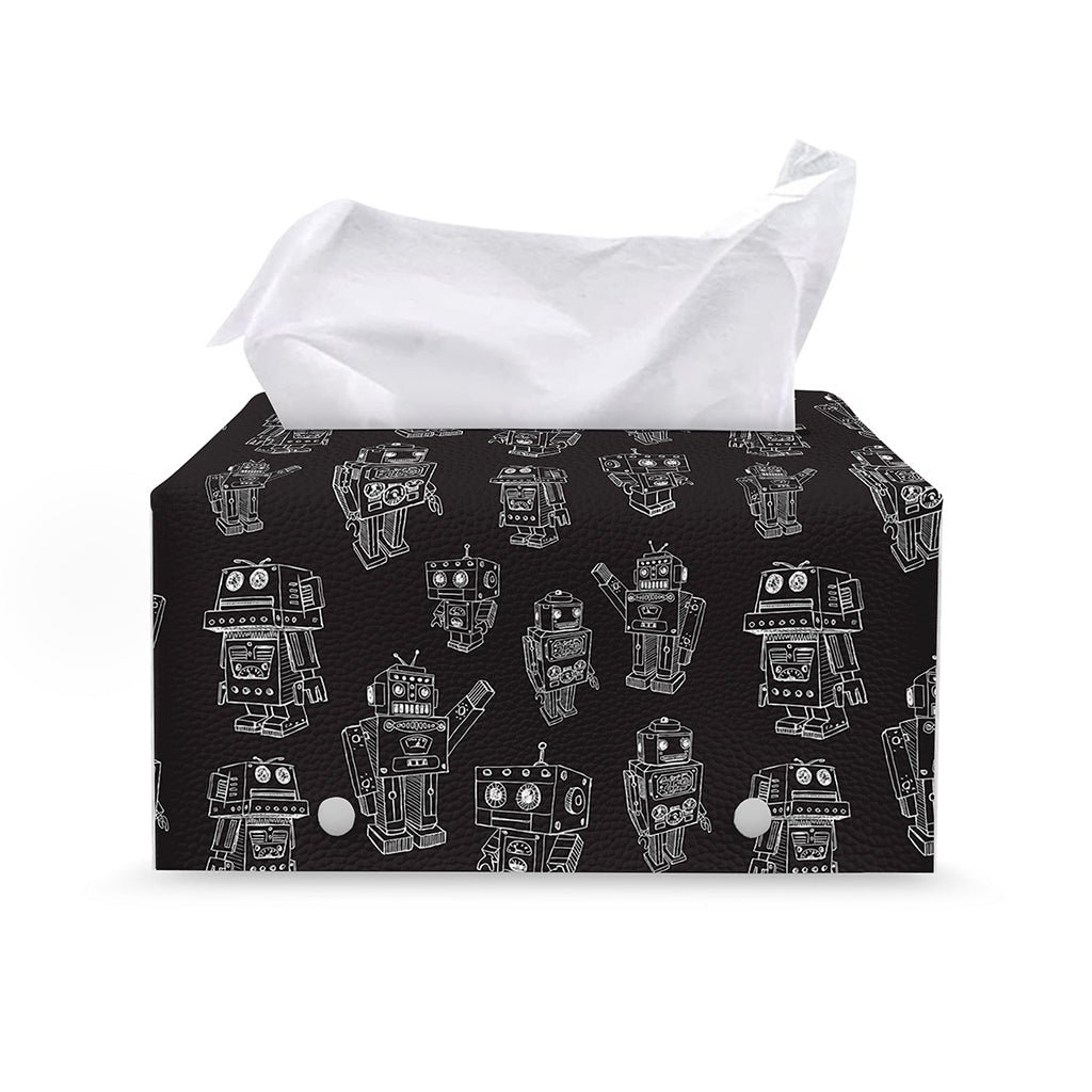 Black And White Robot Pattern Print Leather Tissue Box Cover