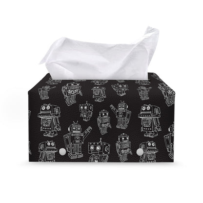 Black And White Robot Pattern Print Leather Tissue Box Cover