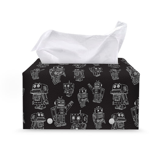 Black And White Robot Pattern Print Leather Tissue Box Cover