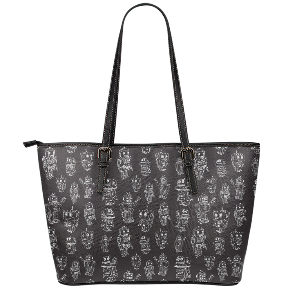 Black And White Robot Pattern Print Leather Tote Bag