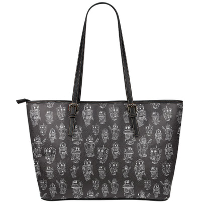 Black And White Robot Pattern Print Leather Tote Bag