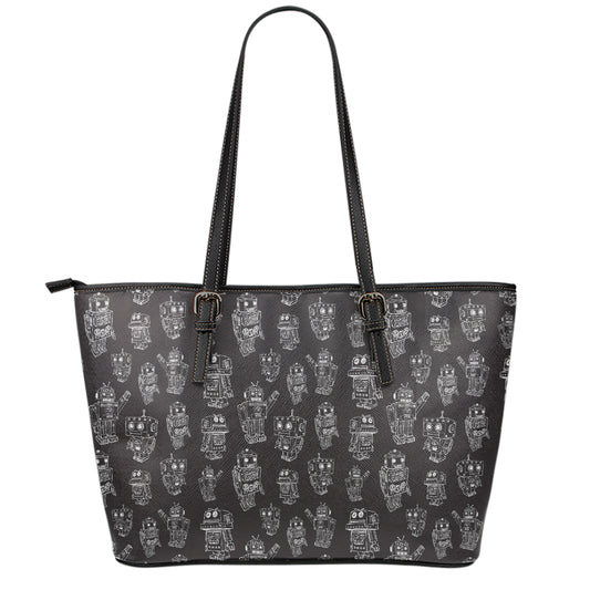 Black And White Robot Pattern Print Leather Tote Bag