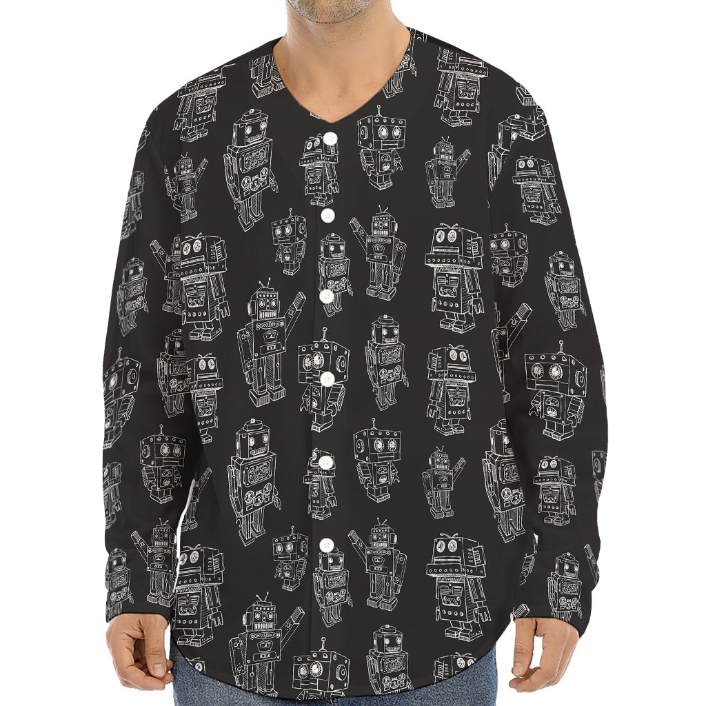 Black And White Robot Pattern Print Long Sleeve Baseball Jersey
