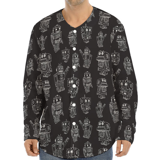 Black And White Robot Pattern Print Long Sleeve Baseball Jersey