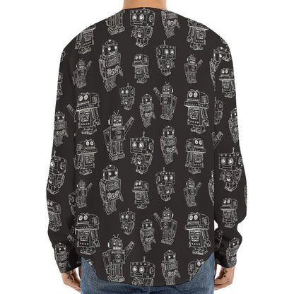 Black And White Robot Pattern Print Long Sleeve Baseball Jersey
