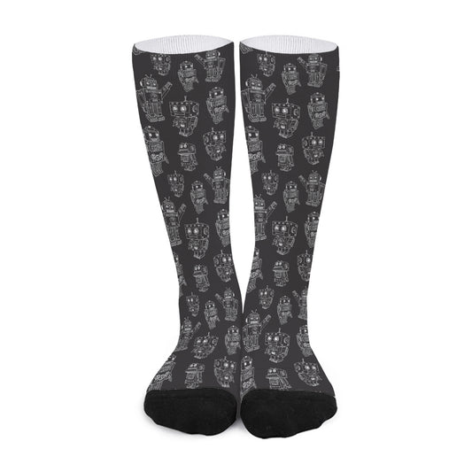 Black And White Robot Pattern Print Long Socks