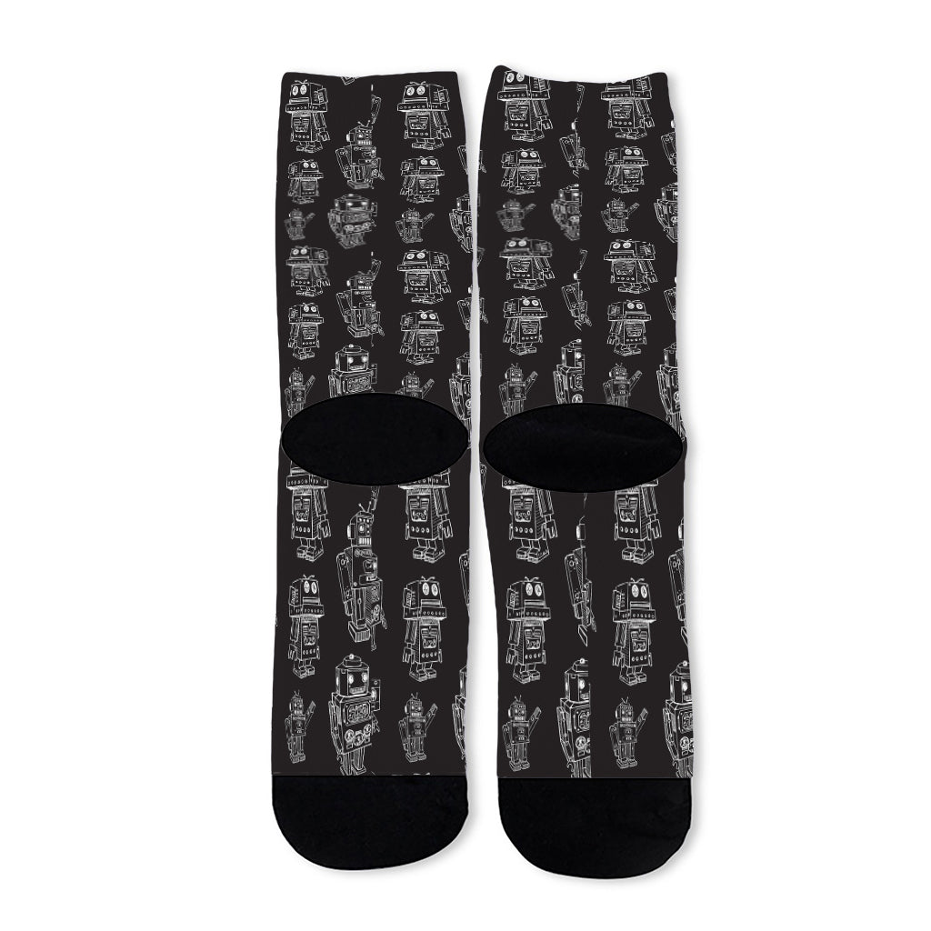 Black And White Robot Pattern Print Long Socks